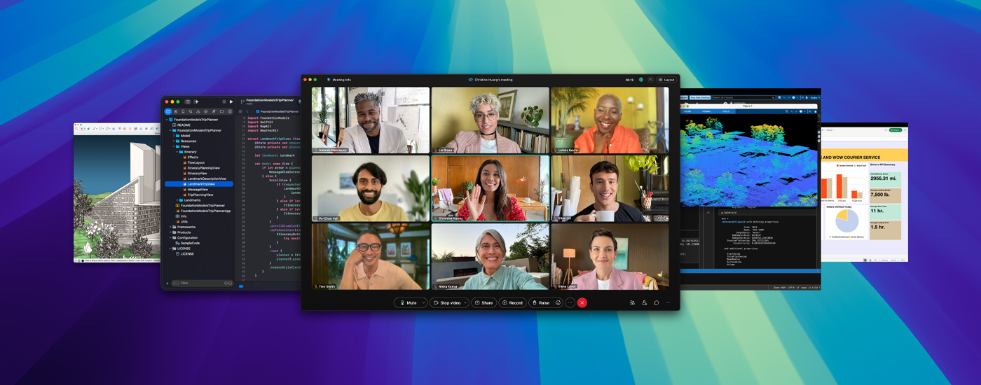 Multiple app screens displayed on macOS Tahoe, including a virtual meeting of smiling people held on Webex.
