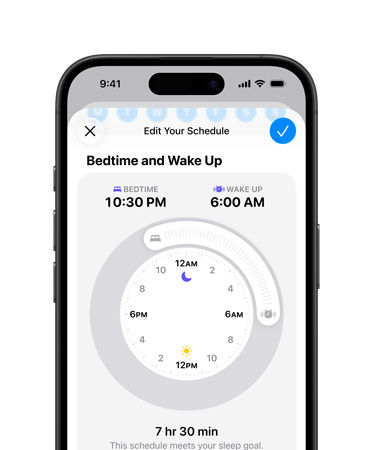 iPhone, Health app open to sleep schedule, bedtime set to 22:30, wake up set to 7:00, radial time dial in center screen, 8 hr 30 min sleep goal met