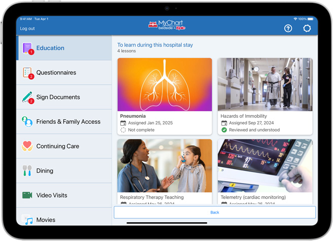 Software showing Epic MyChart Bedside.