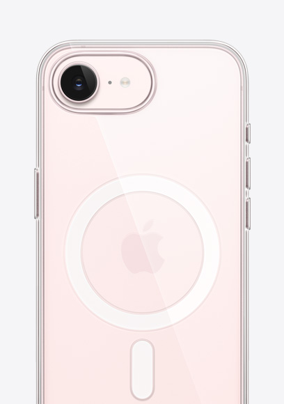 iPhone 17e, face arrière, coloris rose pastel, coque transparente avec MagSafe, caméra Fusion au sommet, logo Apple centré