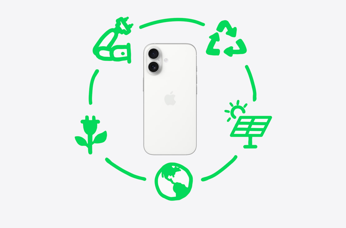 Eine Grafik zeigt, welche Schritte Apple unternimmt, um Materialien zu recyceln und wiederzuverwenden, darunter Design und Beschaffung, Fertigung, Verpackung und Transport, Nutzung und Rückgewinnung, kreisförmig um die Rückseite eines iPhone 17 in Nebelblau angeordnet.
