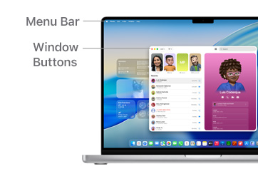 A tour of macOS navigation on MacBook Pro 14" with lines indicating the location of the Menu Bar and Window Buttons.