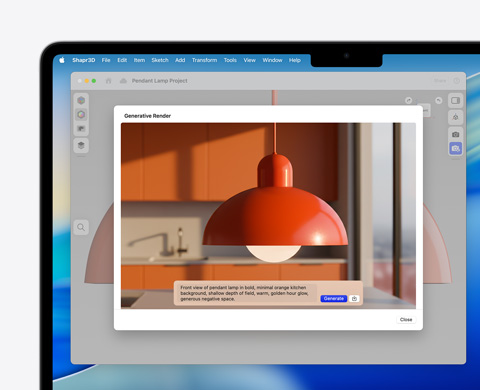 Image Playground-skärm med en bild på en taklampa och genererad renderingstext