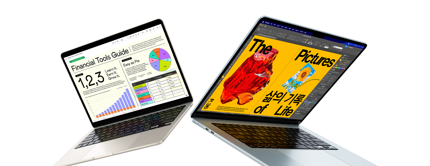 13- och 15-tums bärbara MacBook Air-datorer – på en skärm visas arbete i Numbers, på den andra ett designprojekt