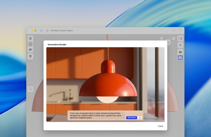 Image Playground-skärm med en bild på en taklampa och genererad renderingstext