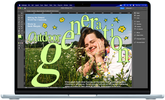 Ett projekt i Adobe InDesign visas på en MacBook Air