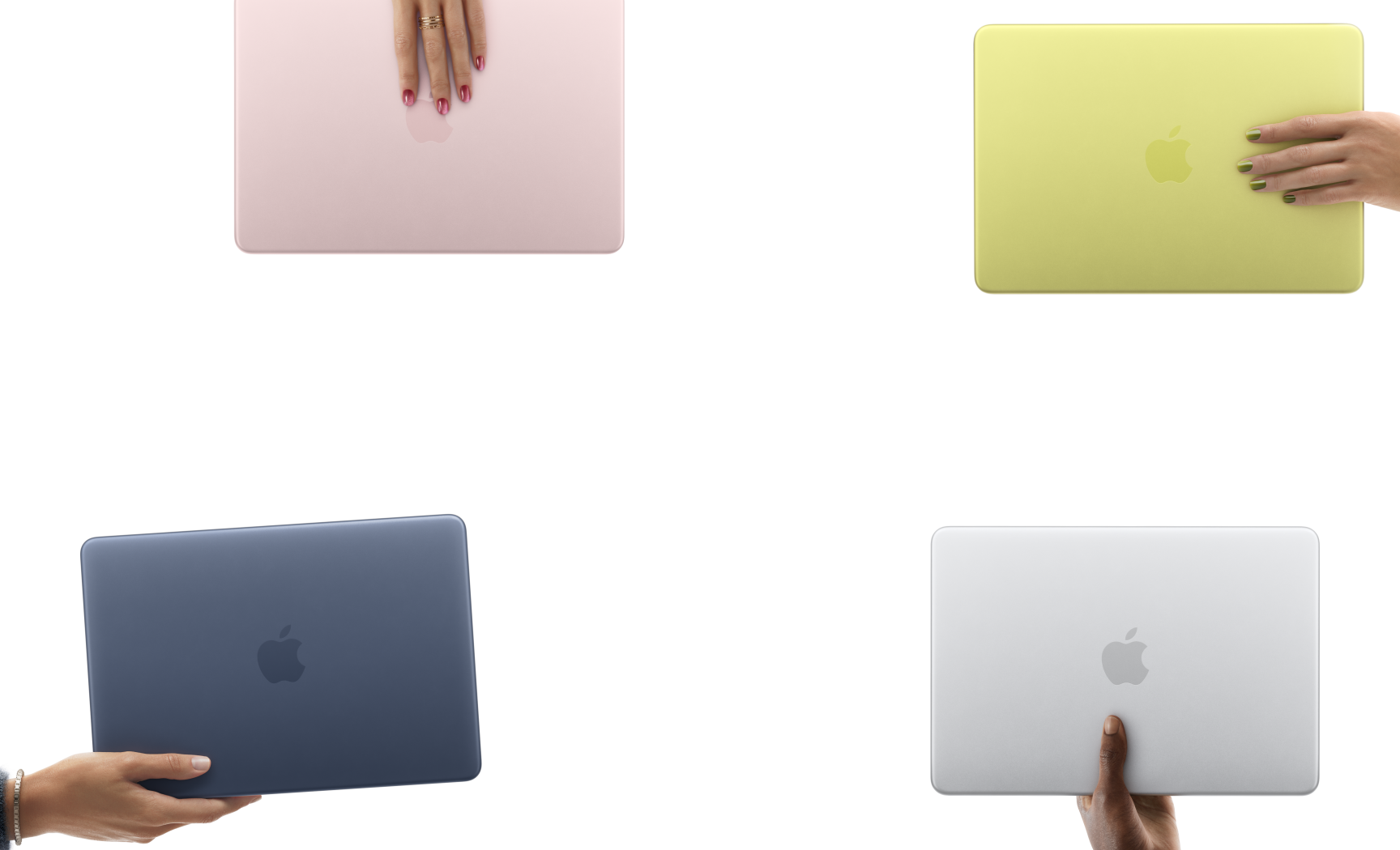 Portátiles MacBook Neo en varios colores, cada uno sostenido por una mano diferente