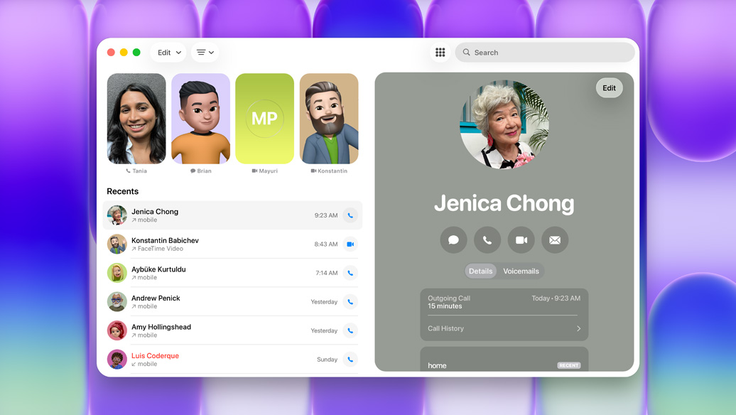 Affichage de l’app Téléphone sur un MacBook Neo avec différents contacts et une liste d’appels récents, un appel mis en surbrillance affiche des informations sur le contact associé