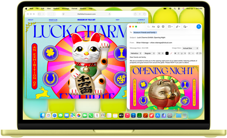 MacBook Neo, citrus color, user is composing an email invitation to an art exhibit, website for the event open alongside