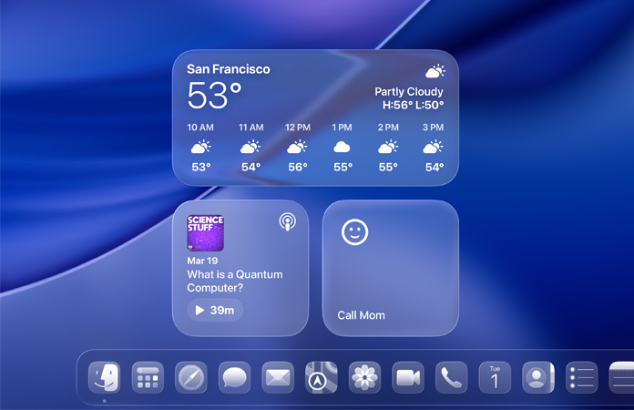 Écran macOS Tahoe affichant les widgets Météo, Podcasts et Rappels en Liquid Glass