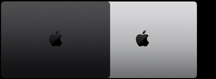 Exteriors of two MacBook Pro 14-inch models showing the two finishes available