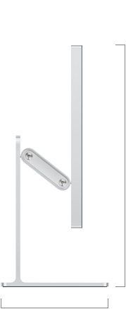 Изглед отстрани на Studio Display XDR със стойка с регулируем наклон и височина, който показва височина на дисплея в позиция надолу