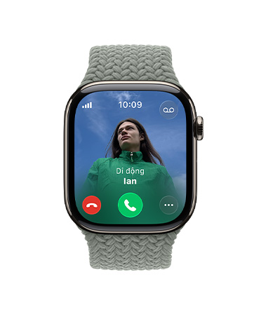 Apple Watch Series 11, natural color, titanium case, incoming call, contact photo, accept and decline call buttons, right side exterior, Digital Crown, band, green gray Braided Solo Loop