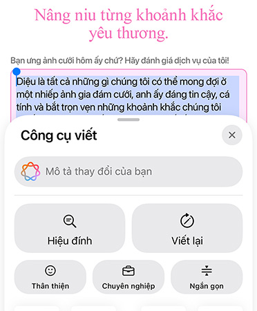 Tính năng Công Cụ Viết đang được sử dụng với các tùy chọn Hiệu Đính, Viết Lại, Thân Thiện, Chuyên Nghiệp và Ngắn Gọn